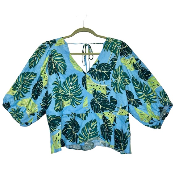 Draper James Puff Sleeve Linen Top Size 14 XL Preppy Tropical Print Fully Lined - Picture 4 of 11